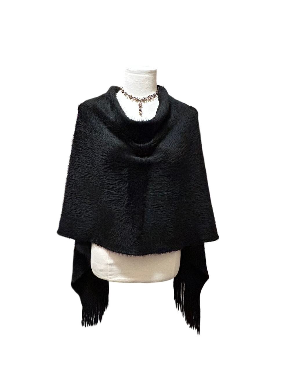 Poncho Cape Shawl Wrap Black Faux Fur Fringe One Size Soft Boho Festival